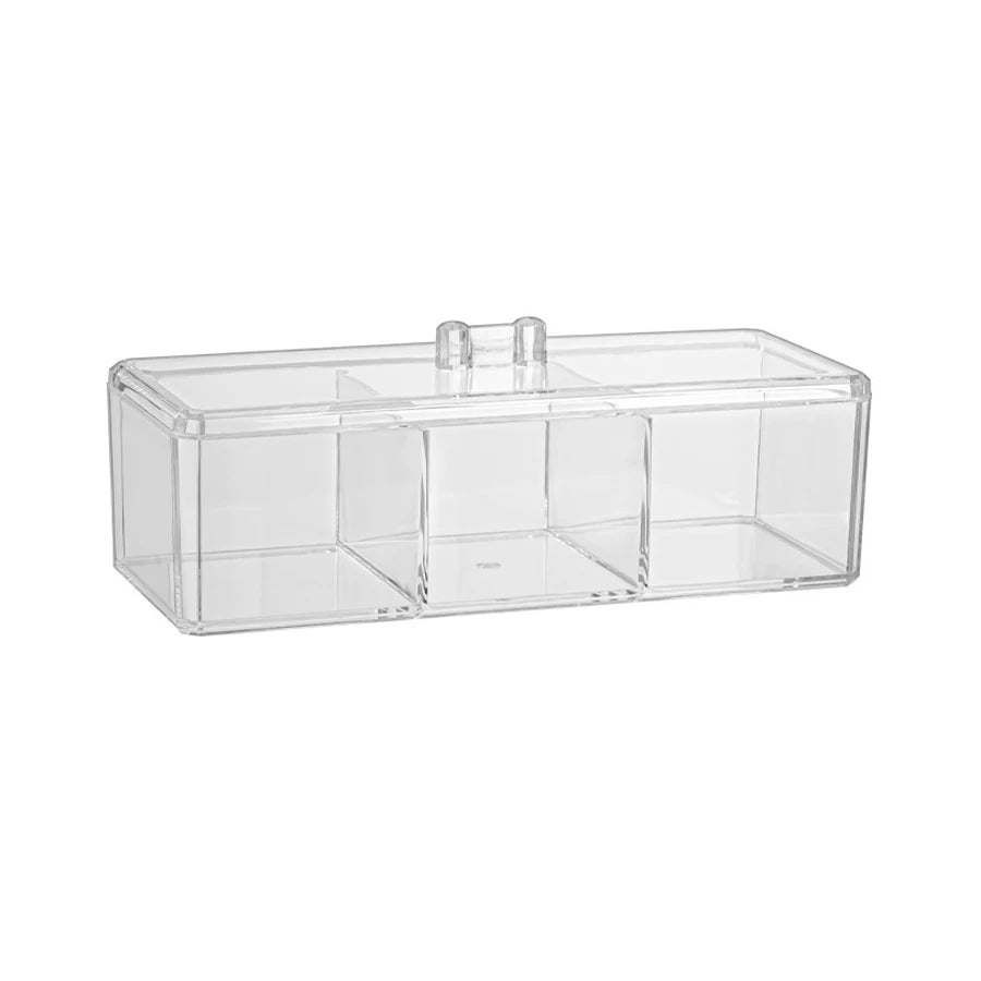 Clear 3-Compartment Bathroom Organizer – Cotton Ball, Swab & Vanity Makeup Storage Container
