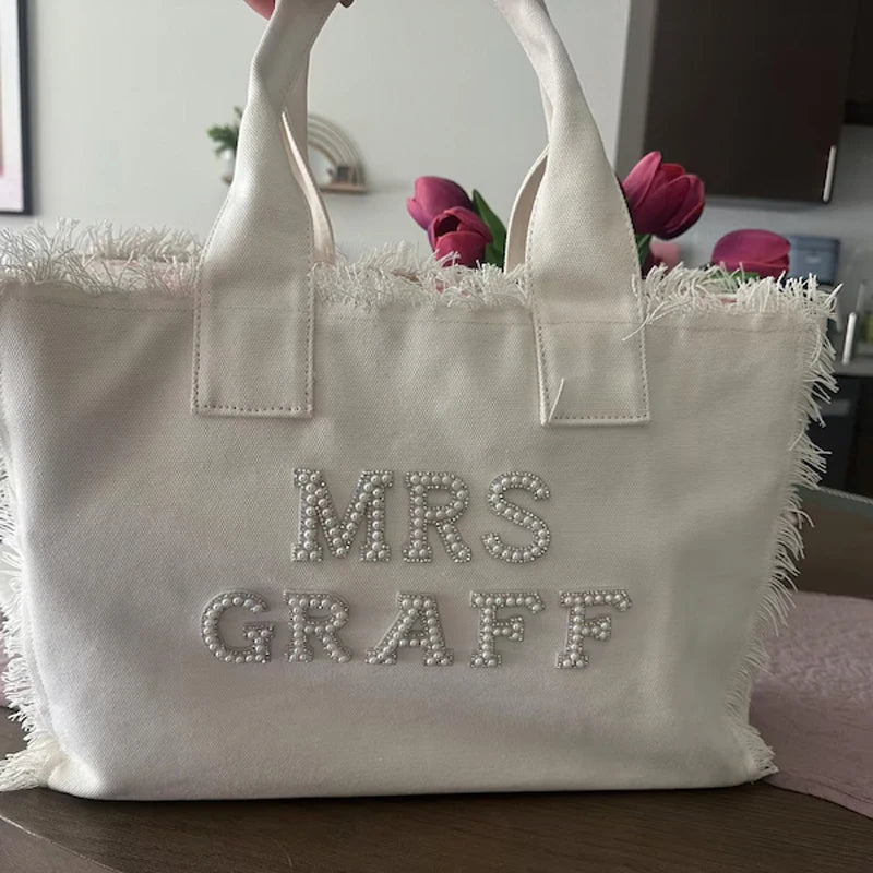 Personalized Mrs Fringe Tote Bag with Pearls | Bridal Gift