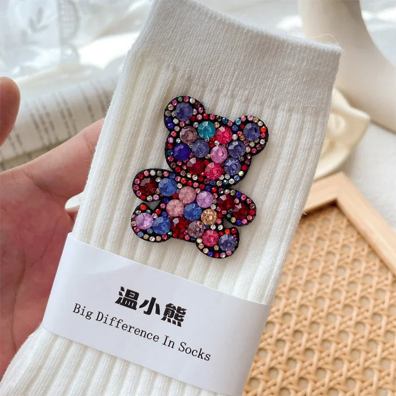 Diamond Cartoon Bear Decorative Socks, Fashionable Diamond Sparkling Women's Socks, Comfortable And Breathable Christmas Socks Peaceful Pleasures Health and Wellness WHITE One Size