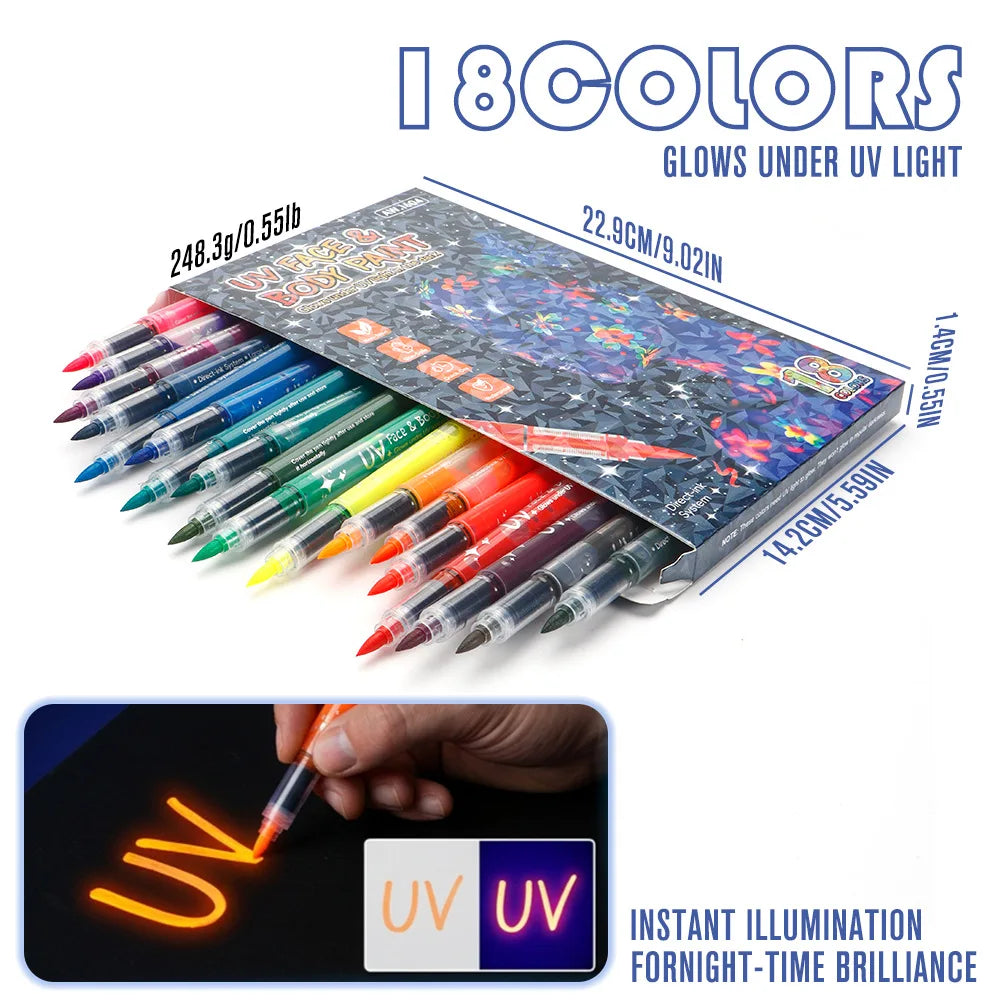 Glow in The Dark Face Paint Markers, UV Neon Body Paint Pens, Waterproof & Skin-Safe Blacklight Tattoo Markers, Washable Peaceful Pleasures Health and Wellness 18pcs mix color