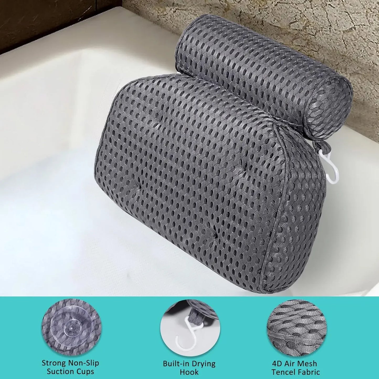 Comfortable Bathtub Pillow for Neck and Back Support, Gray Bath Accessories with Suction Cups Peaceful Pleasures Health and Wellness
