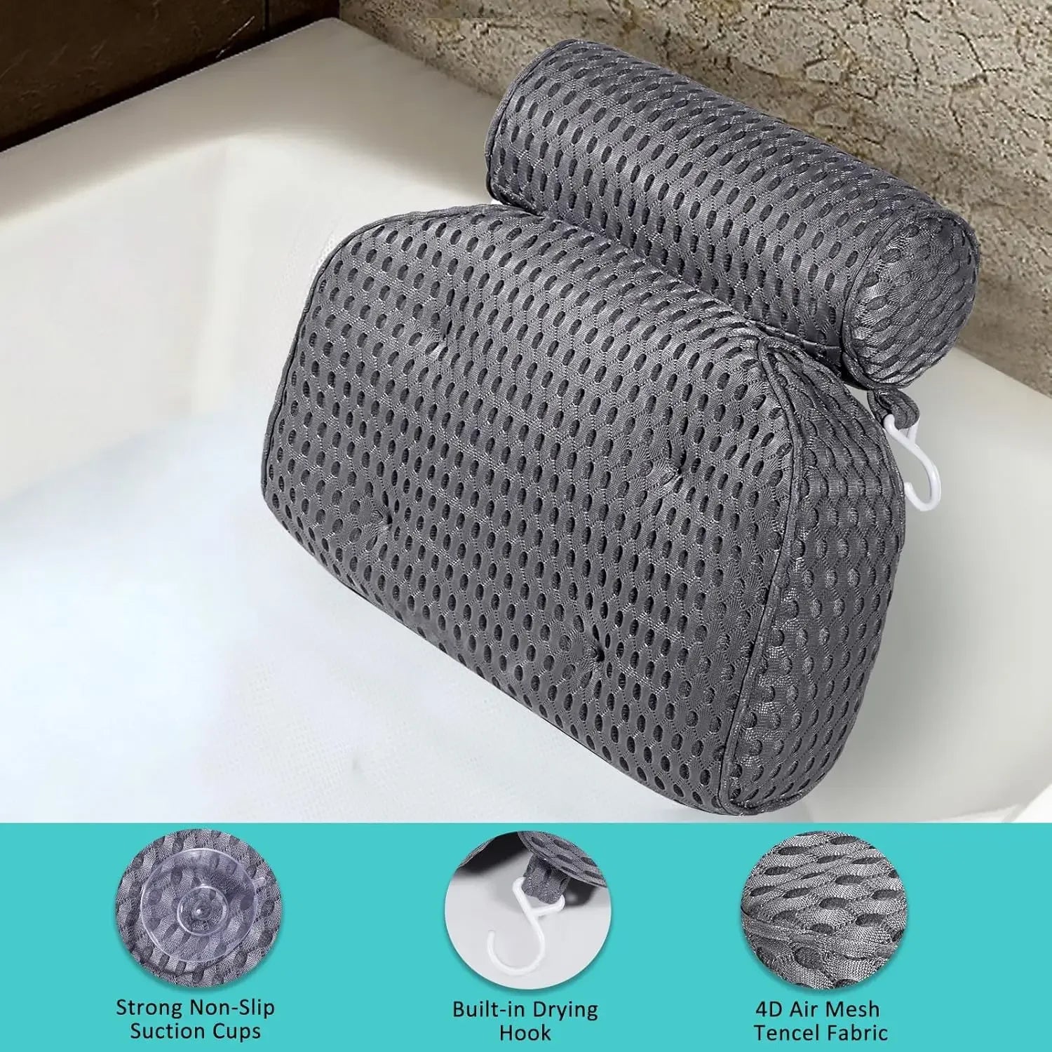 Comfortable Bathtub Pillow for Neck and Back Support, Gray Bath Accessories with Suction Cups Peaceful Pleasures Health and Wellness