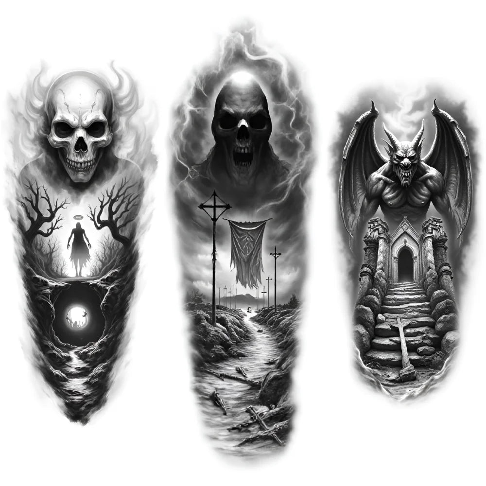 3-Pack Skull & Grim Reaper Temporary Tattoos – Black & Grey