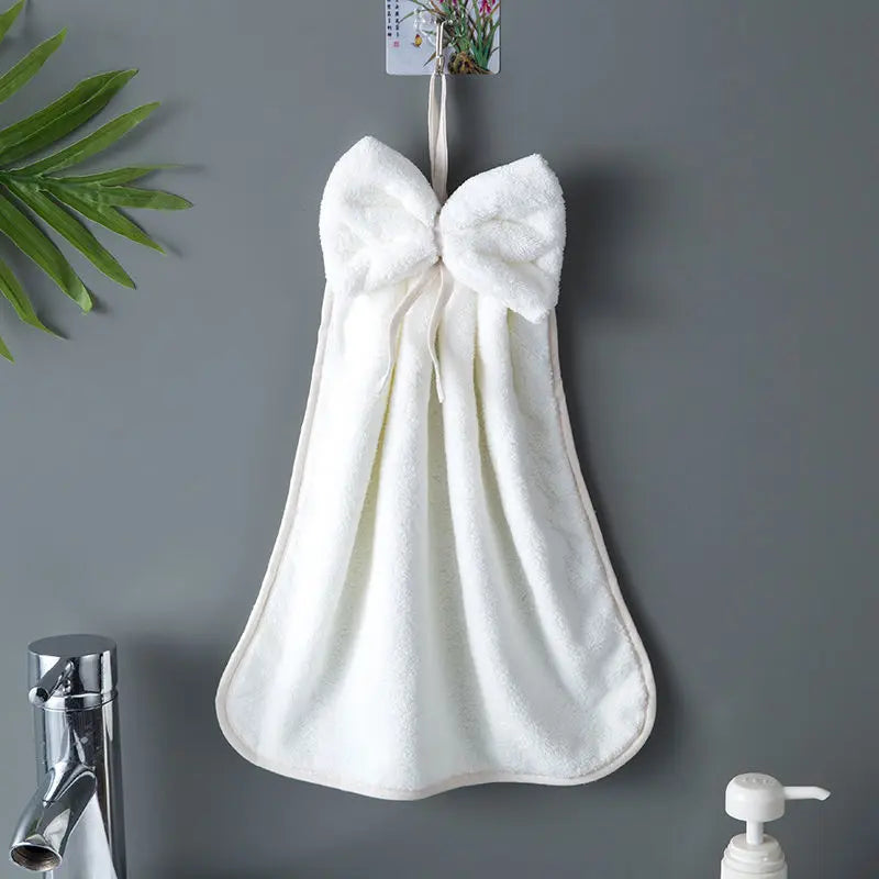 Bow Hanging Hand Towel – Absorbent Coral Fleece Kitchen & Bath