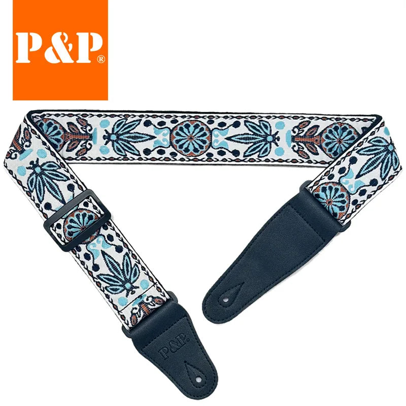 Guitar Strap Embroidered Belt Adjustable Jacquard Band Cotton Leather