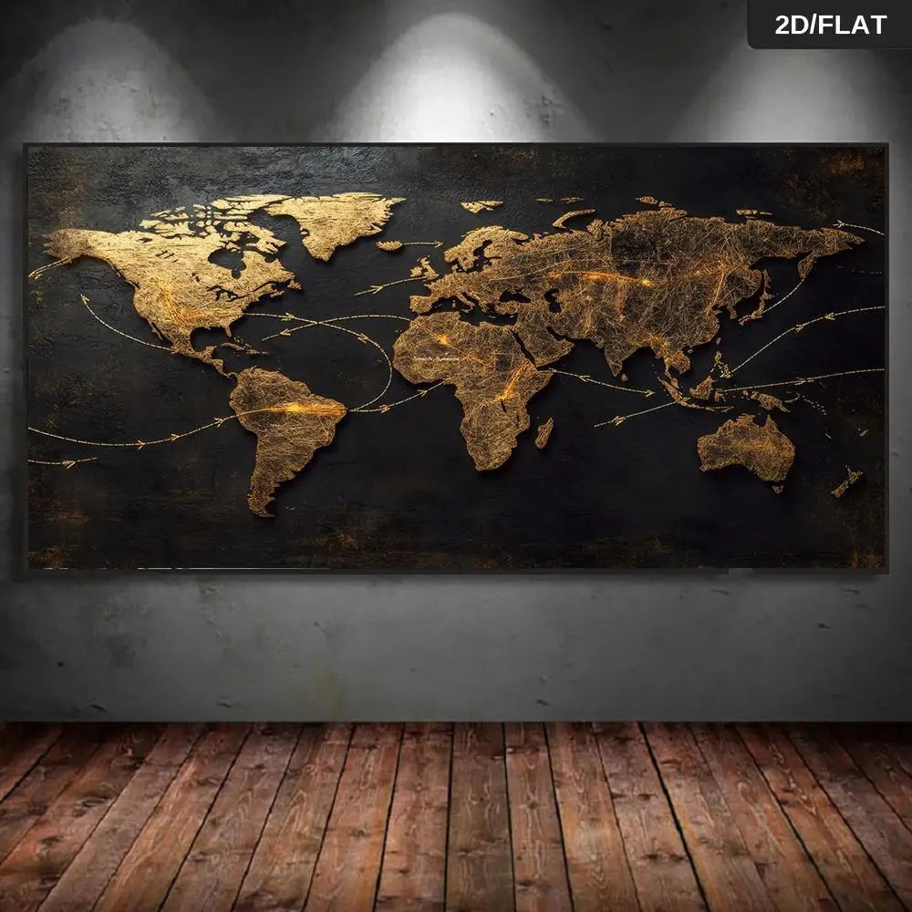 A modern abstract gold world map mural with connecting arrows, featuring a black and gold metallic finish, suitable for living r Peaceful Pleasures Health and Wellness no frame 40x80cm
