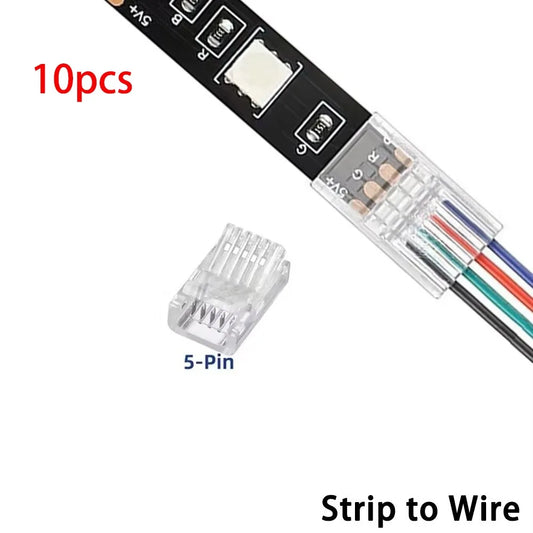 Solderless LED Strip Connectors 2/3/4/5 Pin | 10mm Transparent LED Strip Connector Oasis Select 5Pin Strip to Wire
