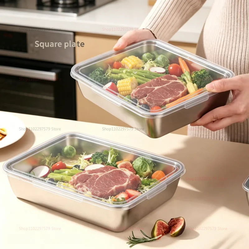 Stainless Steel Food Storage Serving Trays Rectangle Sausage Noodles Fruit Dish with Cover Home Kitchen Organizers Food Containe Peaceful Pleasures Health and Wellness