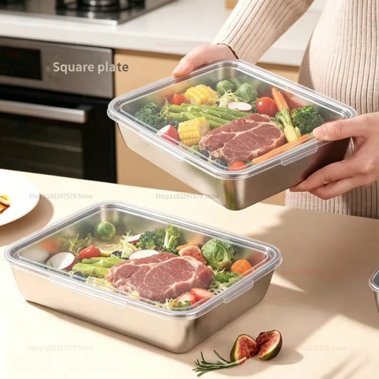 Stainless Steel Food Storage Serving Trays Rectangle Sausage Noodles Fruit Dish with Cover Home Kitchen Organizers Food Containe Peaceful Pleasures Health and Wellness