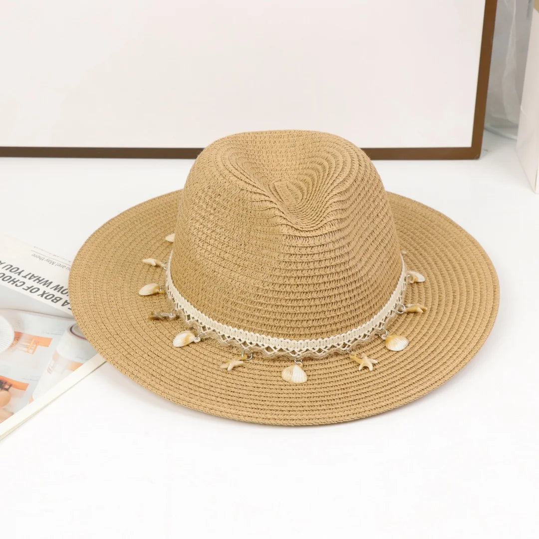 Boho Straw Beach Hat Shell Starfish Decor Wide Brim Unisex Cosplay