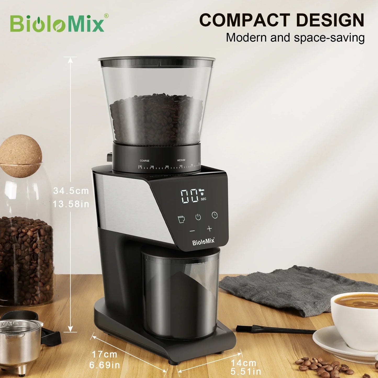 BioloMix Burr Coffee Grinder – 30 Grind Settings, LCD, 300W Coffee Grinder BioloMix