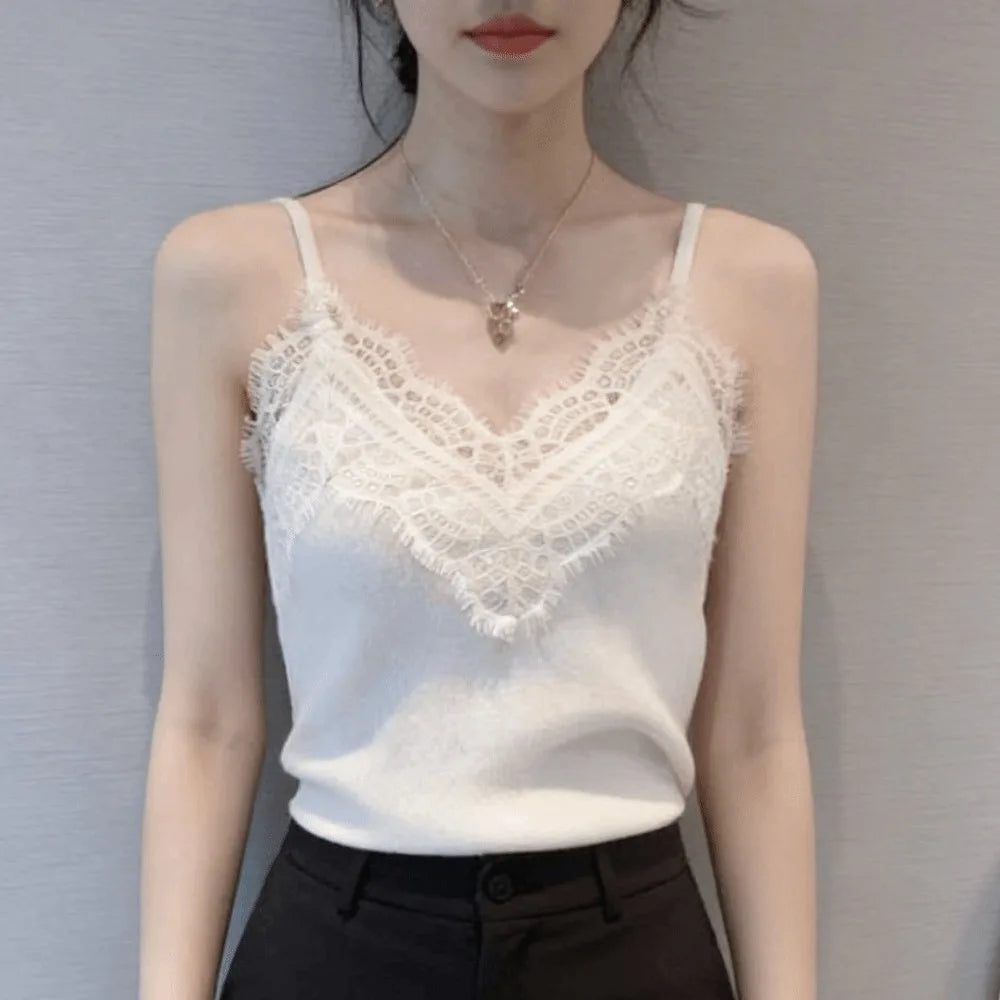 Women's Lace V-Neck Sleeveless Tank Top – Casual Summer Vest