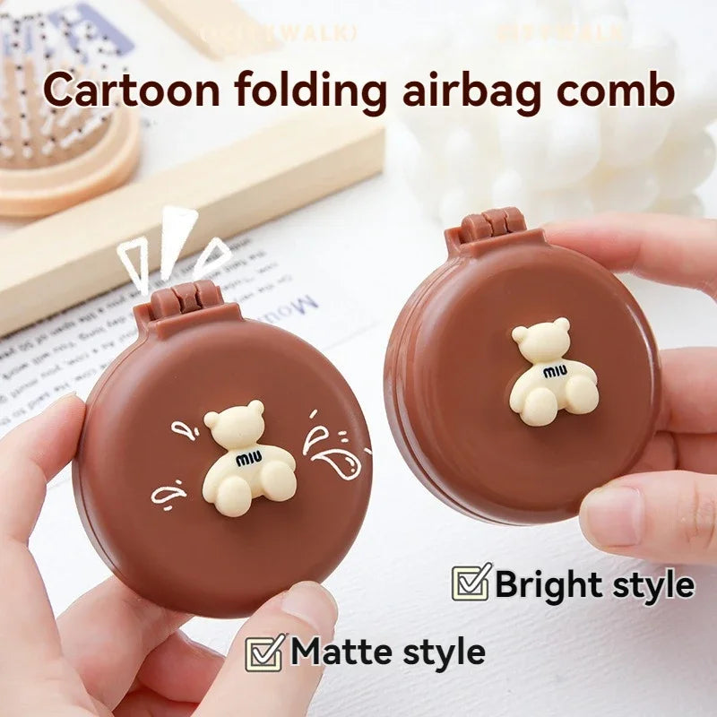 Cartoon Bear Folding Comb for Girls – Air Cushion & Mirror