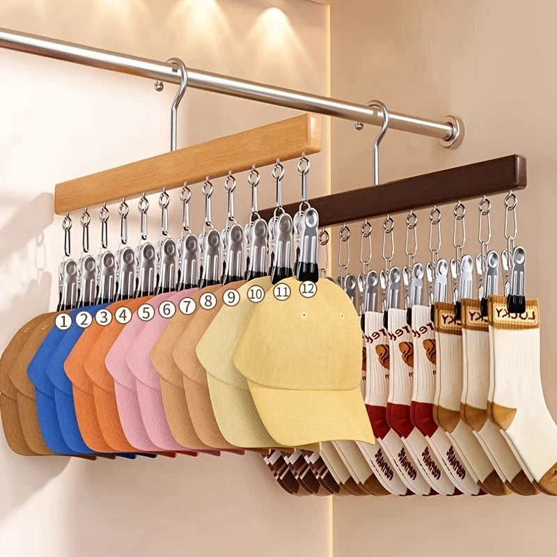 12-Clip Wooden Hat Organizer | Closet Hanger for Caps & Towels