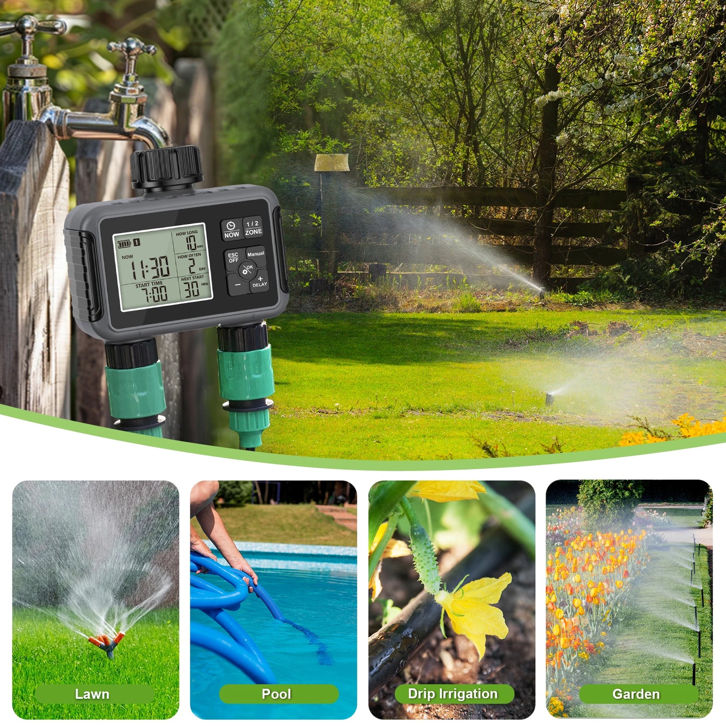 1PCS Outdoor Automatic Irrigation Fully Adjustable Program Super Timing System 2-Outlet Water Timer Precisely Watering Up Peaceful Pleasures Health and Wellness