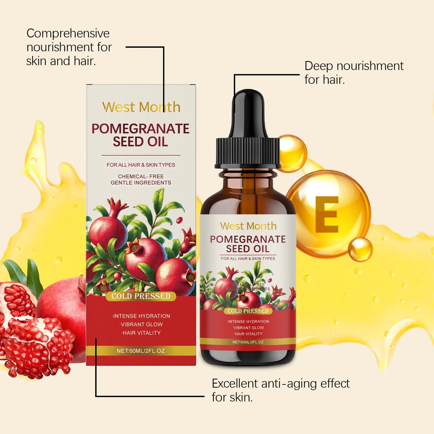 WEST MONTH 60ml Pomegranate Seed Oil | Moisturizing Body Skin Care