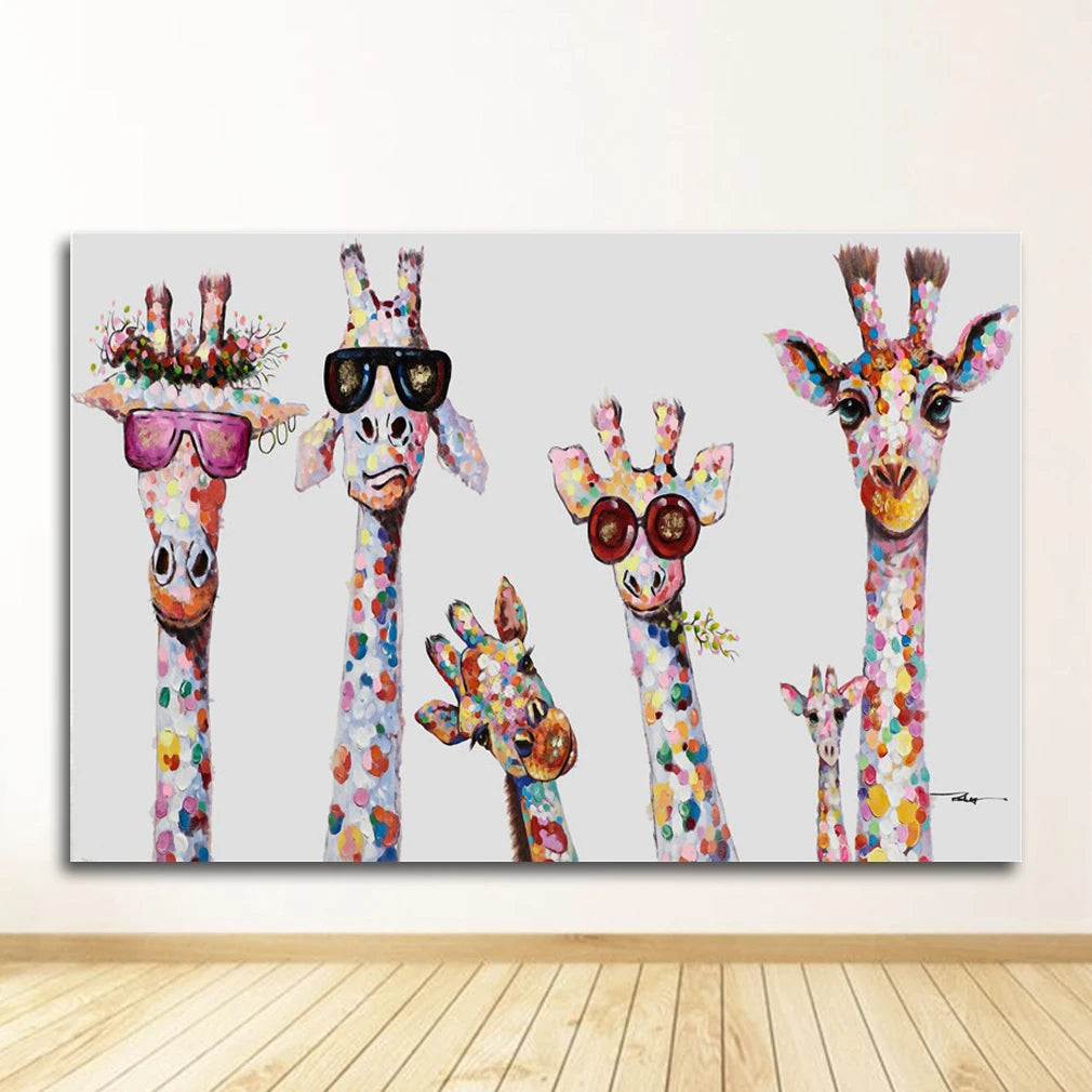 Colorful Giraffe Family Canvas Wall Art Poster | Kids Room Decor