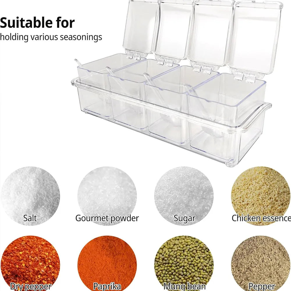 4-Cell Clear Acrylic Spice Box with Lids & Spoons