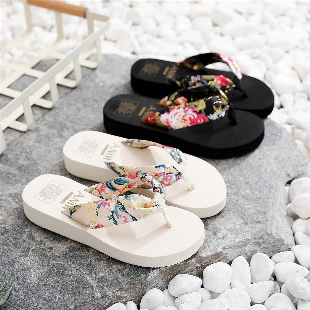 Women's Floral Bohemian Flip Flops | Satin Strap Beach Slippers