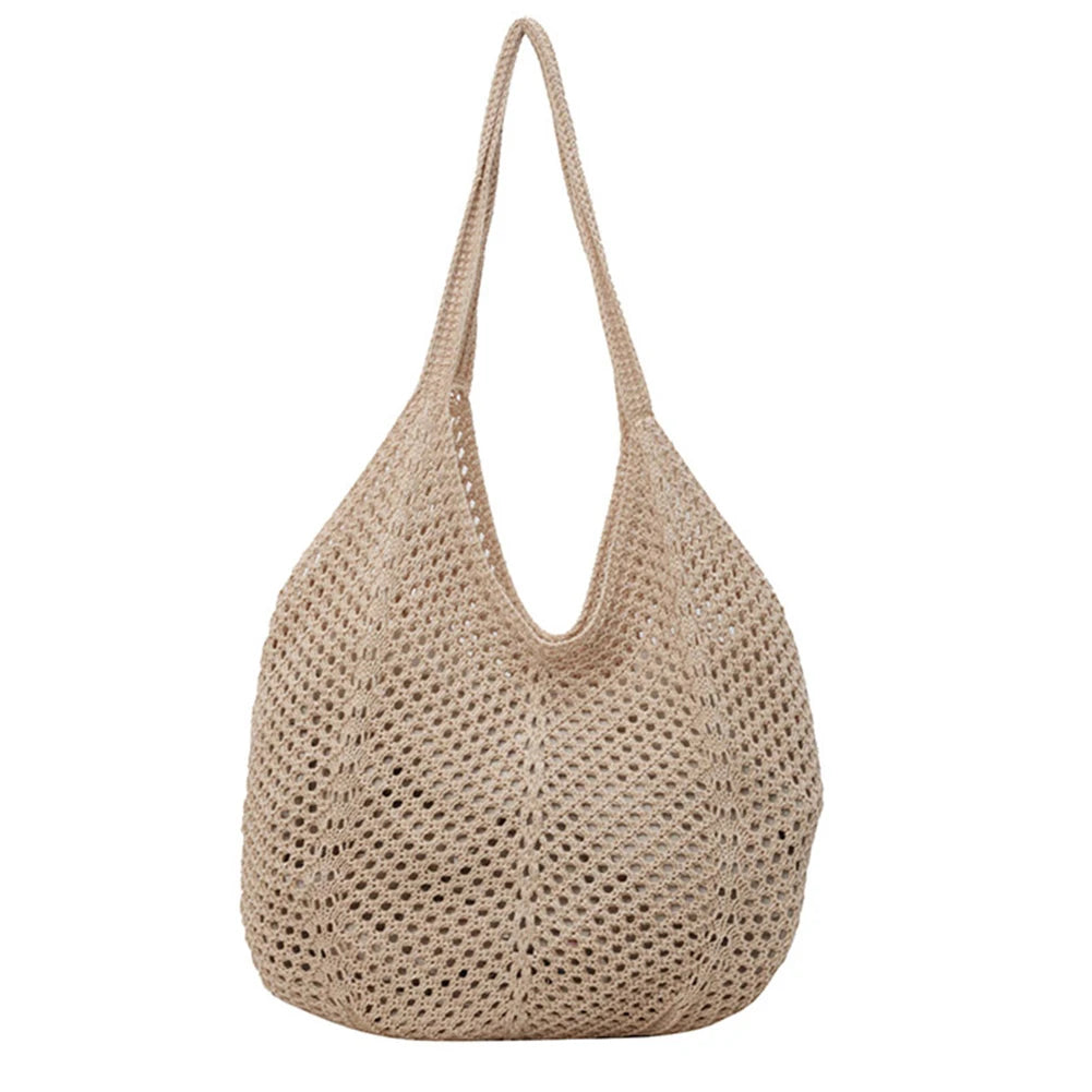 Women Knitting Shoulder Bag Solid Color Hollow Summer Bag Large Capacity Knitted Tote Handbag Female Outdoor Bag Peaceful Pleasures Health and Wellness