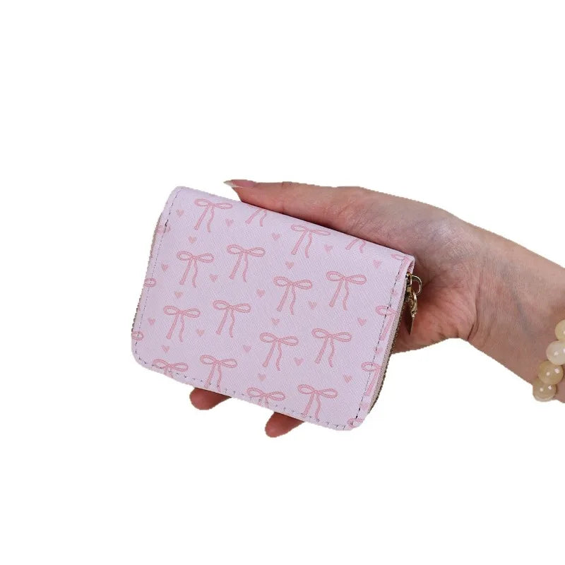 Korean style Multi-slots Zipper Mini Coin Purse Pink Sweet Bowknot Card Holder Women Girls PU Leather Portable Travel Wallet Peaceful Pleasures Health and Wellness