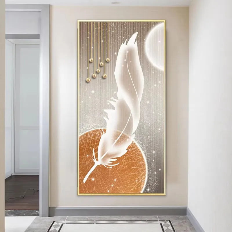 Nordic Luxury Abstract Wall Art Golden White Feathers Canvas Painting Gold Ribbon Posters for Porch Corridor Home Decoration Peaceful Pleasures Health and Wellness ZLH3202 30x45cm No Frame