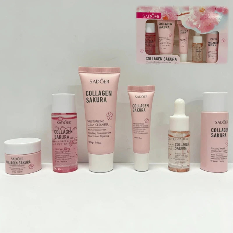Collagen 6-piece Travel Skincare Set Gentle Cleansing Soothe Toner Hydrate Serum Nourish Face Cream Eye Cream Portable Mini Kit Peaceful Pleasures Health and Wellness