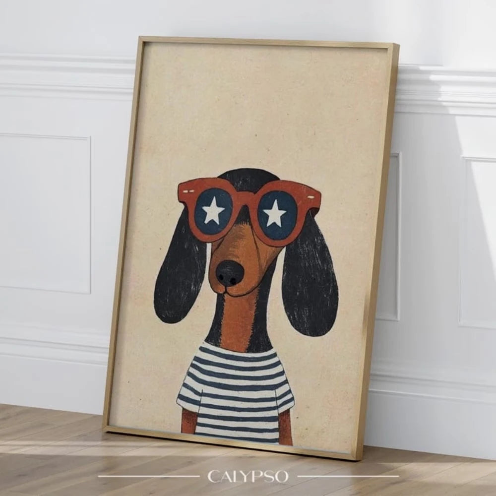 Funny Dachshund Glasses 3-Piece Canvas Wall Art Print Set