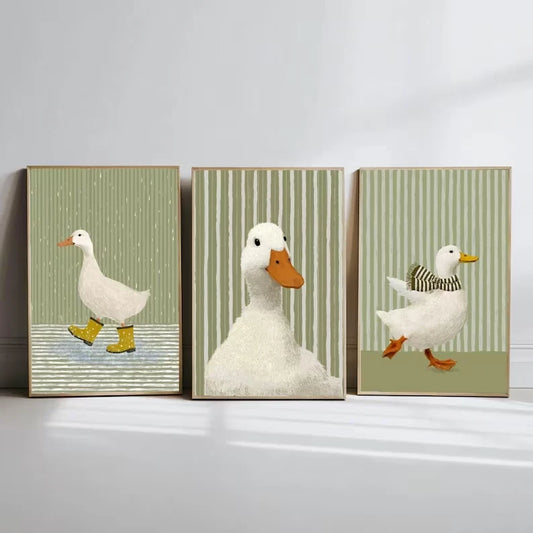 3-Piece Sage Green Duck Canvas Wall Art | Striped Poster Set Canvas Wall Art Peaceful Pleasures Health and Wellness G4539-3pcs 21x30cm Wood Framed