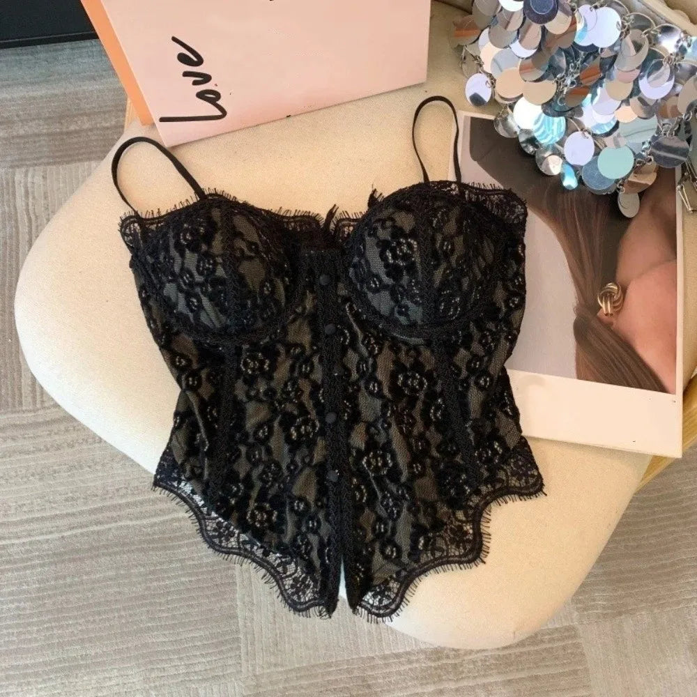 Lace Camisole Crop Top – Sheer Fishbone Suspender Vest Women