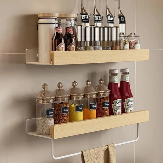 Wall-Mounted Wood & Aluminum Spice Rack with Hooks | Kitchen Organizer Wall-Mounted Spice Rack Peaceful Pleasures Health and Wellness