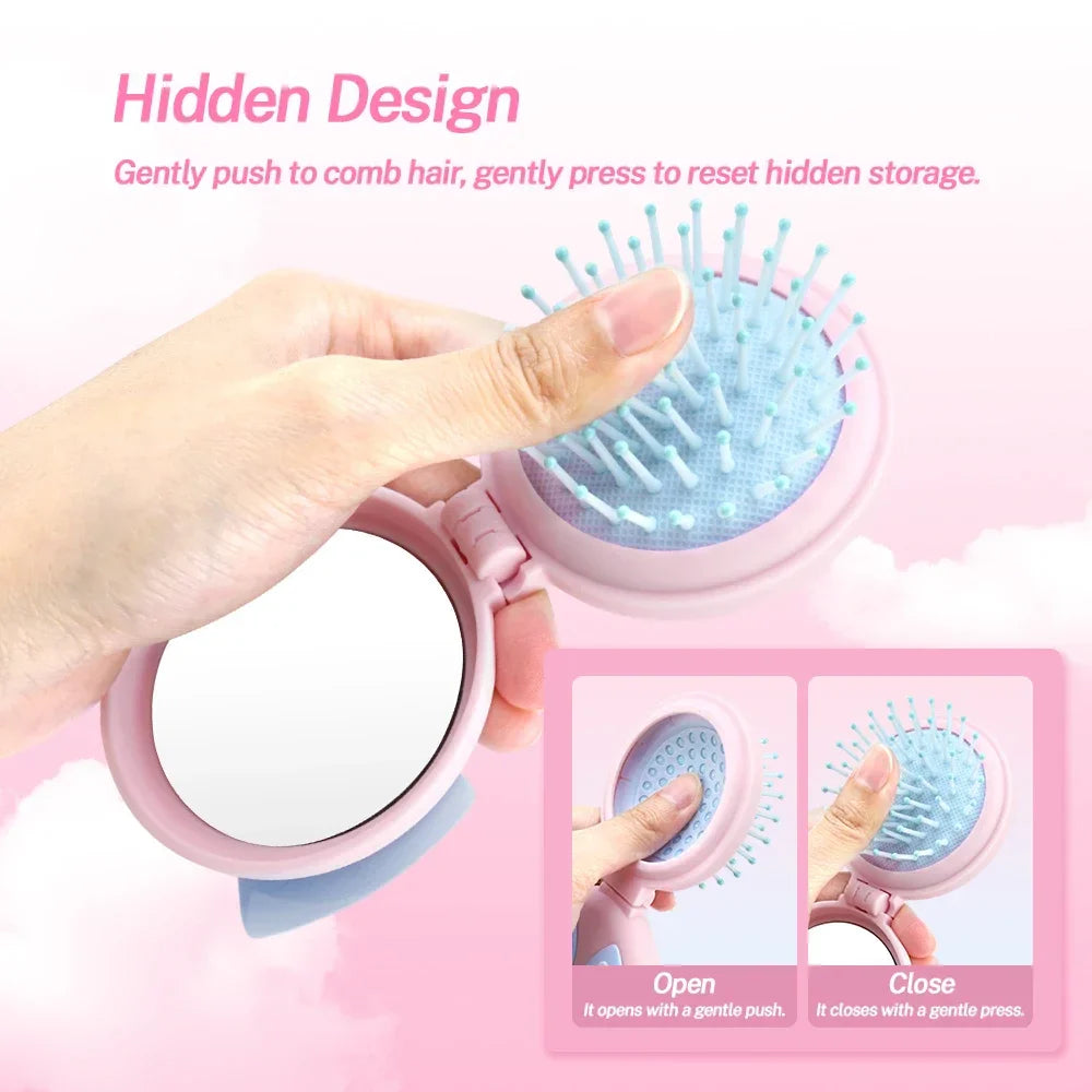 Mini Foldable Hair Brush with Mirror – Portable Detangler