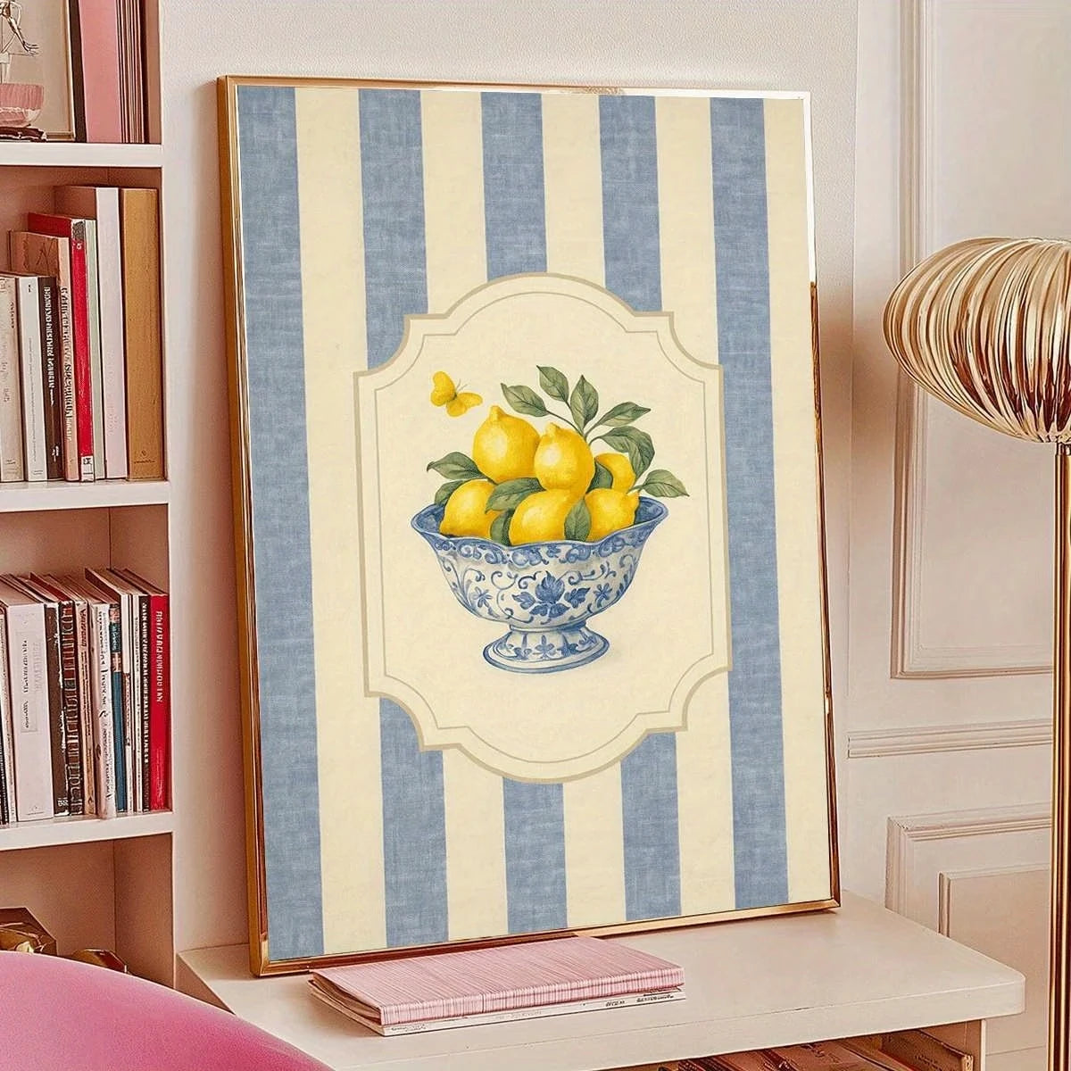 Modern Lemon Blue White Porcelain Bowl Canvas Wall Art Print