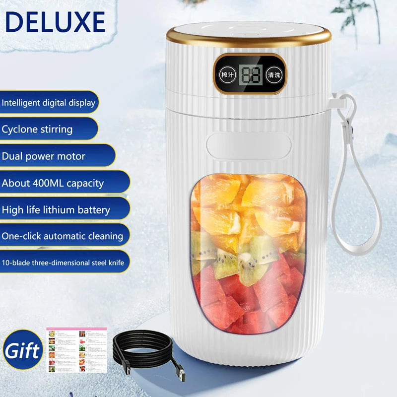 Electric Juicer 10 Blades Portable Blender LED Digital Display Small Juice Cup Rechargeable Wireless Household Milkshake Juice Peaceful Pleasures Health and Wellness White Single Machine
