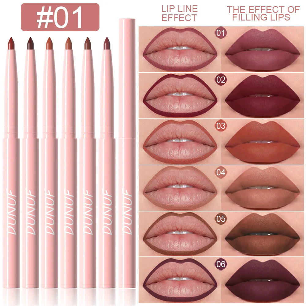 DUNUF 6-Piece Waterproof Lip Liner Set – Long-Lasting Color