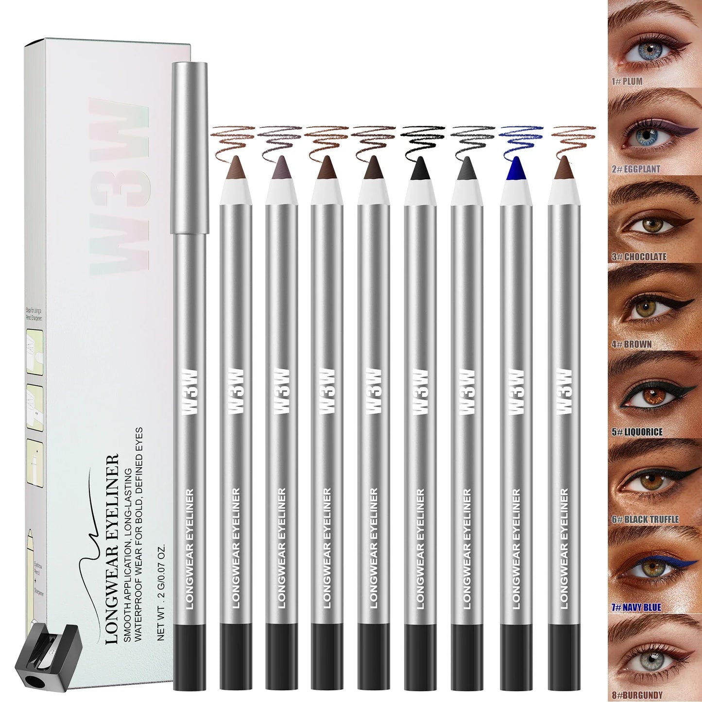 W3W 8-Color Matte Gel Eyeliner Pencil Set – Waterproof