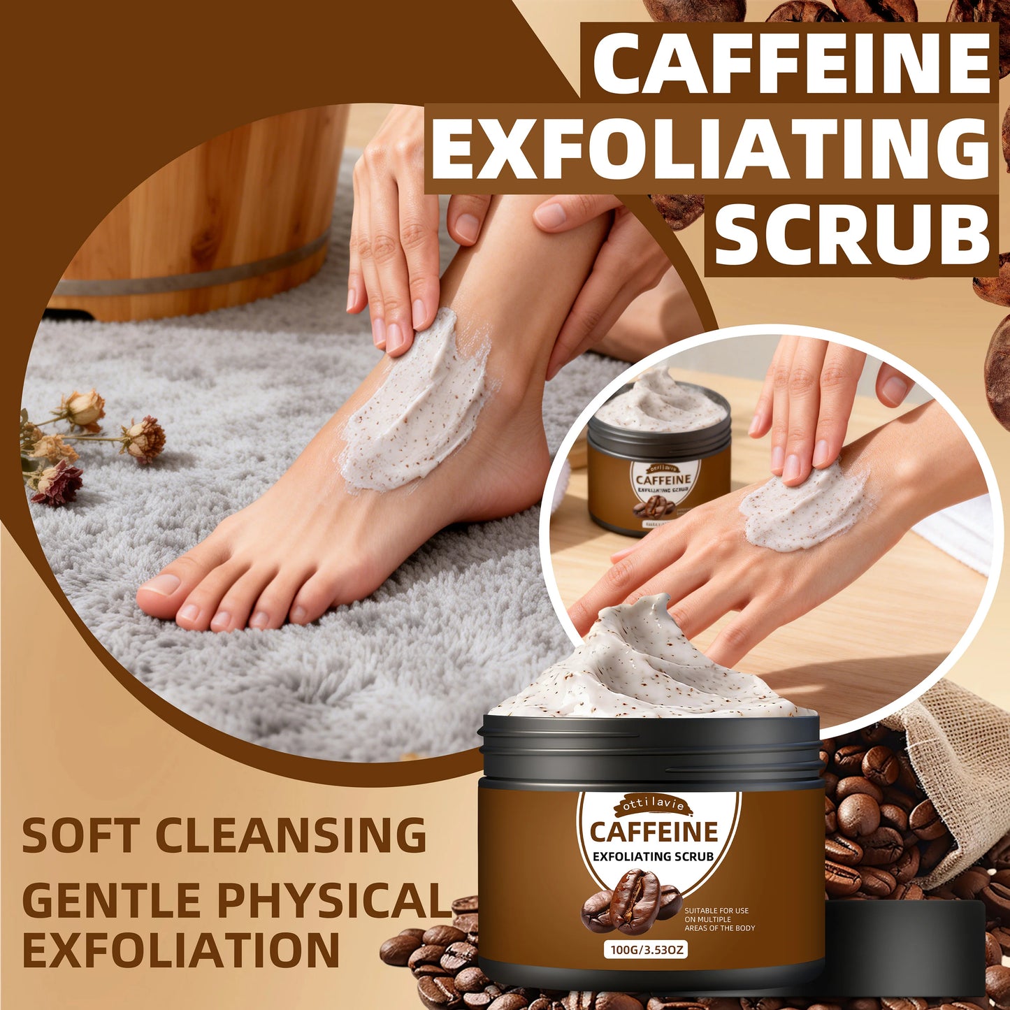 Ottilavie Caffeine Exfoliating Scrub, Gentle Exfoliating Deep Cleansing For Hands, Feet & Body, Daily Skincare Routine Peaceful Pleasures Health and Wellness