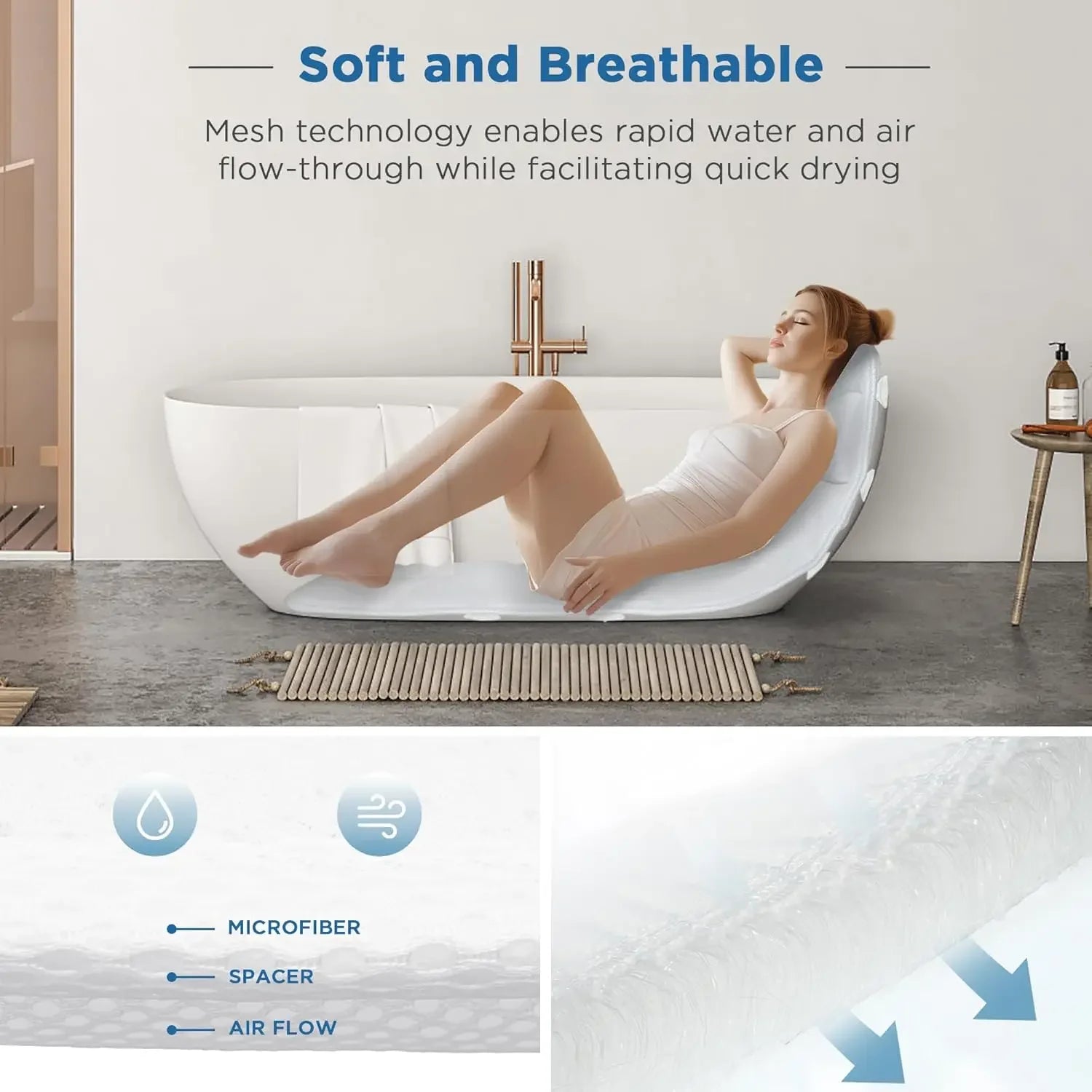 Extra Thick Full Body Bath Pillow with Quick-Dry Air Mesh, Non-Slip Suction Cups for All Tubs - White Luxury Spa Accessory Peaceful Pleasures Health and Wellness