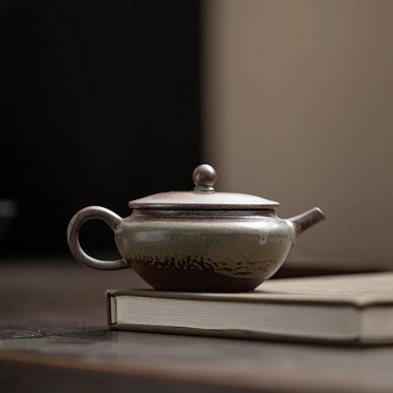 Chinese Ceramic Kung Fu Teapot | Retro Flat Pot Tea Kettle Ceramic Teapot Peaceful Pleasures Health and Wellness Grey