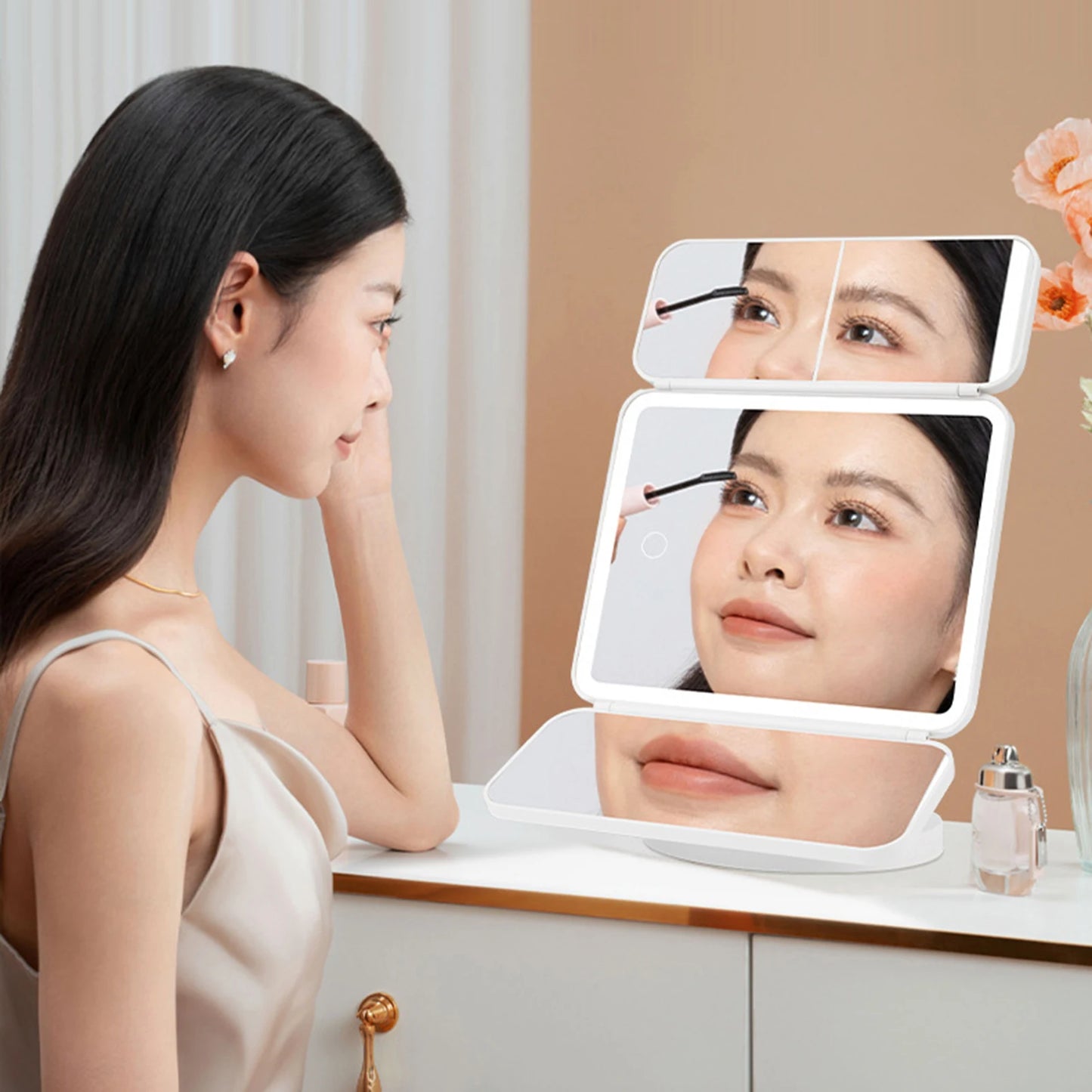 LED Tri-Fold Desktop Makeup Mirror | Touch Dimmer & 180° Stand