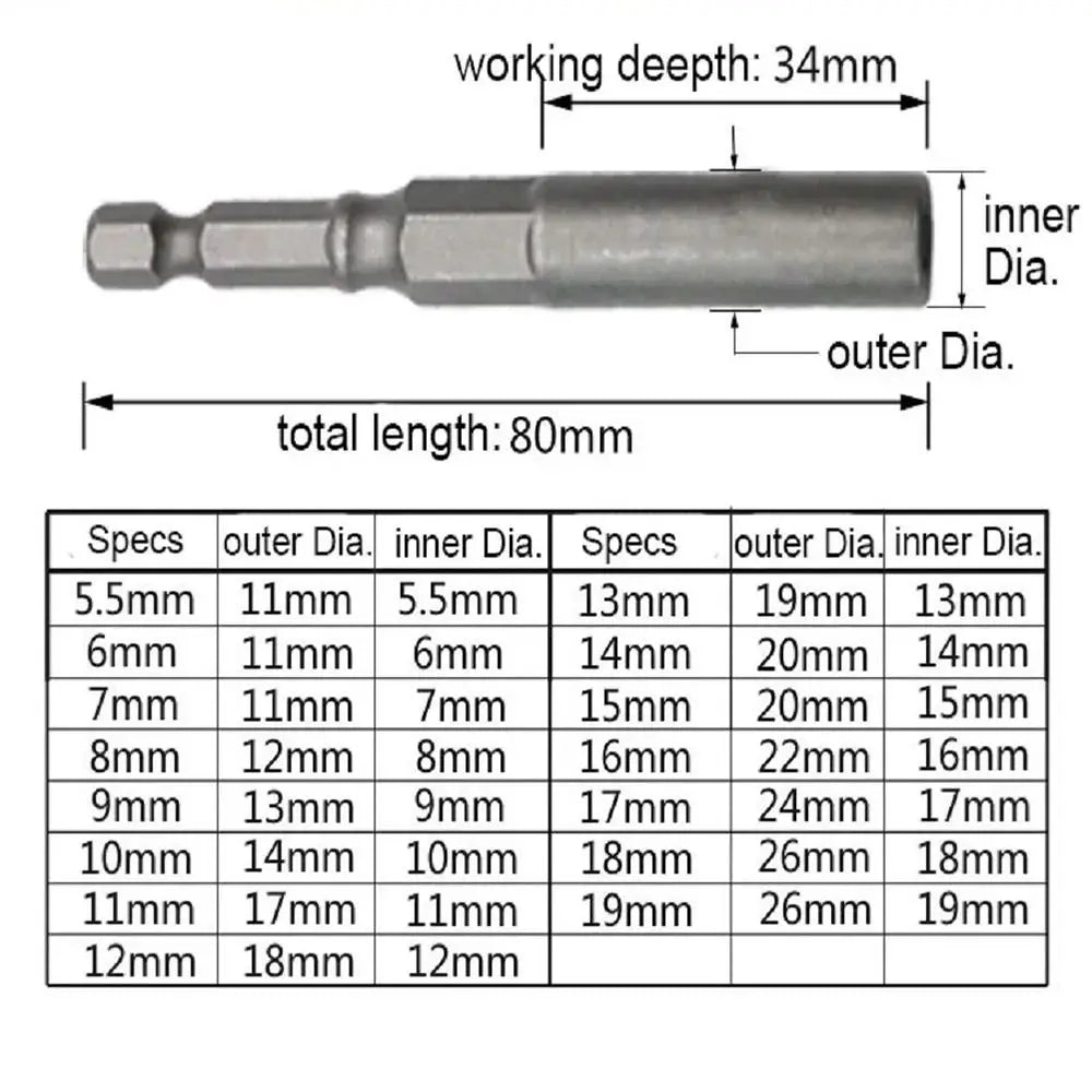 Magnetic Hex Nut Driver Bit Adapter 1/4" Shank 5.5–19mm 80mm