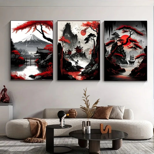 3-Piece Fuji Mountain Japanese Canvas Wall Art Set – Unframed Canvas Wall Art Set Peaceful Pleasures Health and Wellness