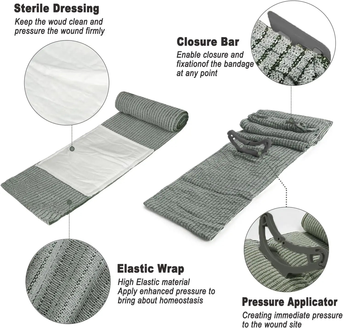 Israeli Bandage 4/6inch Hemostatic Compression Bandages Double Vacuum Sealed for Battle Dressing Emergency First Aid IFAK Trauma Peaceful Pleasures Health and Wellness