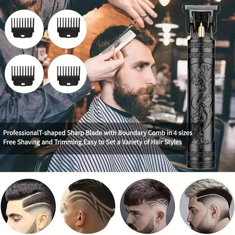 Vintage T9 Electric Hair Clipper Professional Men's Rechargeable Barber Trimmer for Men Dragon Buddha Design Peaceful Pleasures Health and Wellness