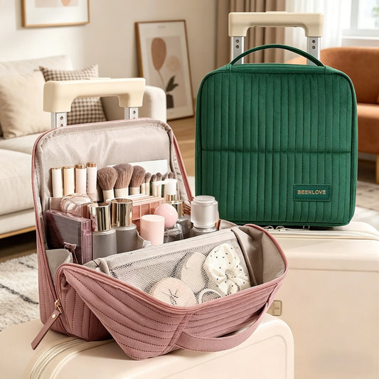 Large Vertical Travel Makeup Bag & Brush Organizer for Women Travel Makeup Bag Peaceful Pleasures Health and Wellness