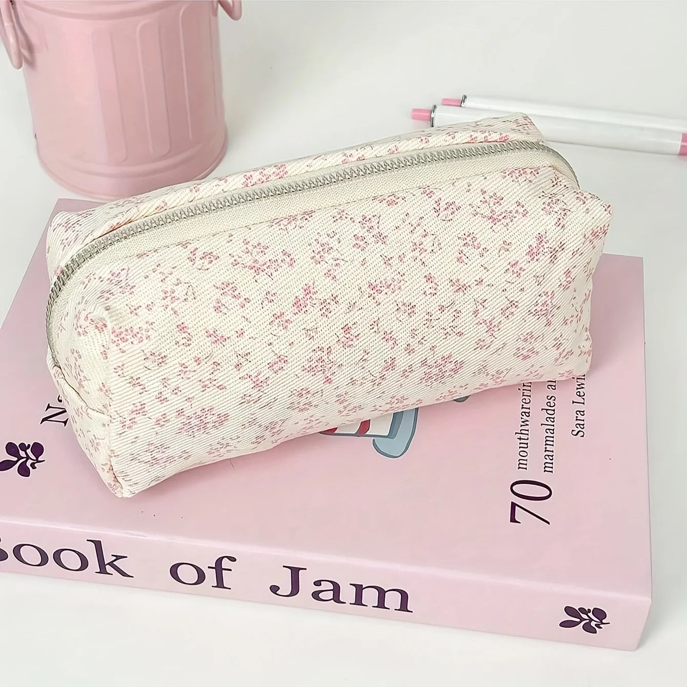 Large Floral Pencil Case | Macaron Linen-Look Stationery Bag
