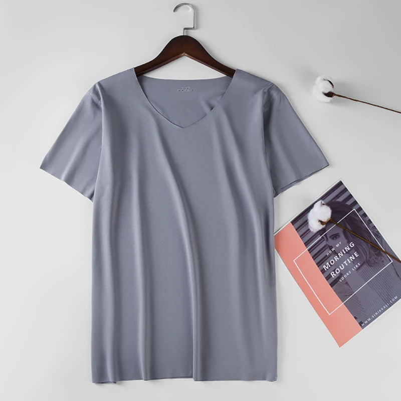 Men's Skinny Shirt Ice Silk Basic Shirts Solid Color Breathable Seamless T-shirt Men Thin Slim Bottoming V-Neck Shirt For Male Peaceful Pleasures Health and Wellness Gray XXXL