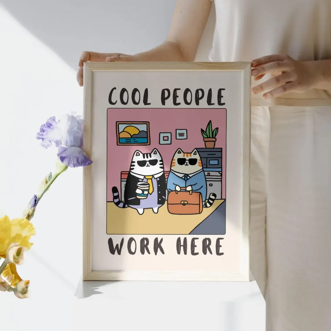 Cool People Work Here Cat Poster | Funny Office Wall Art Canvas Wall Poster Peaceful Pleasures Health and Wellness