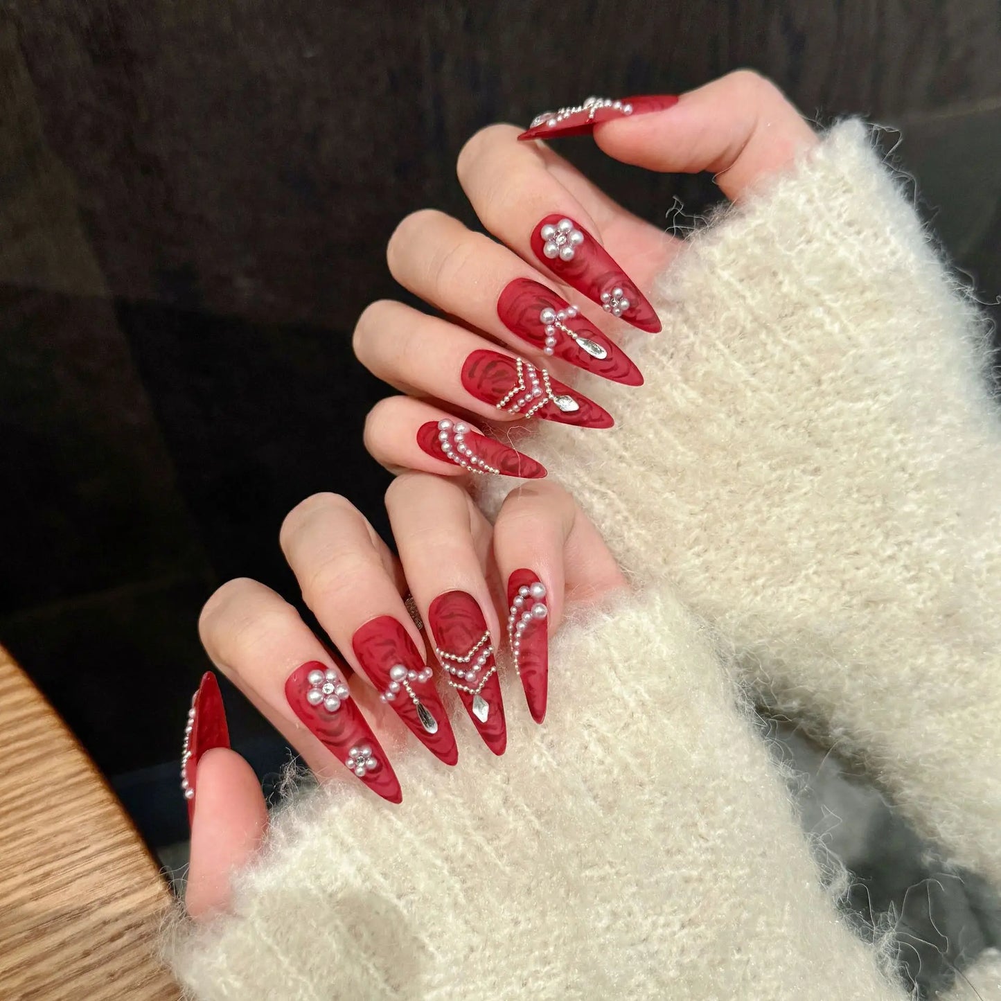 Matte Red Pearl Press-On Nails | Long Almond Wedding Nails