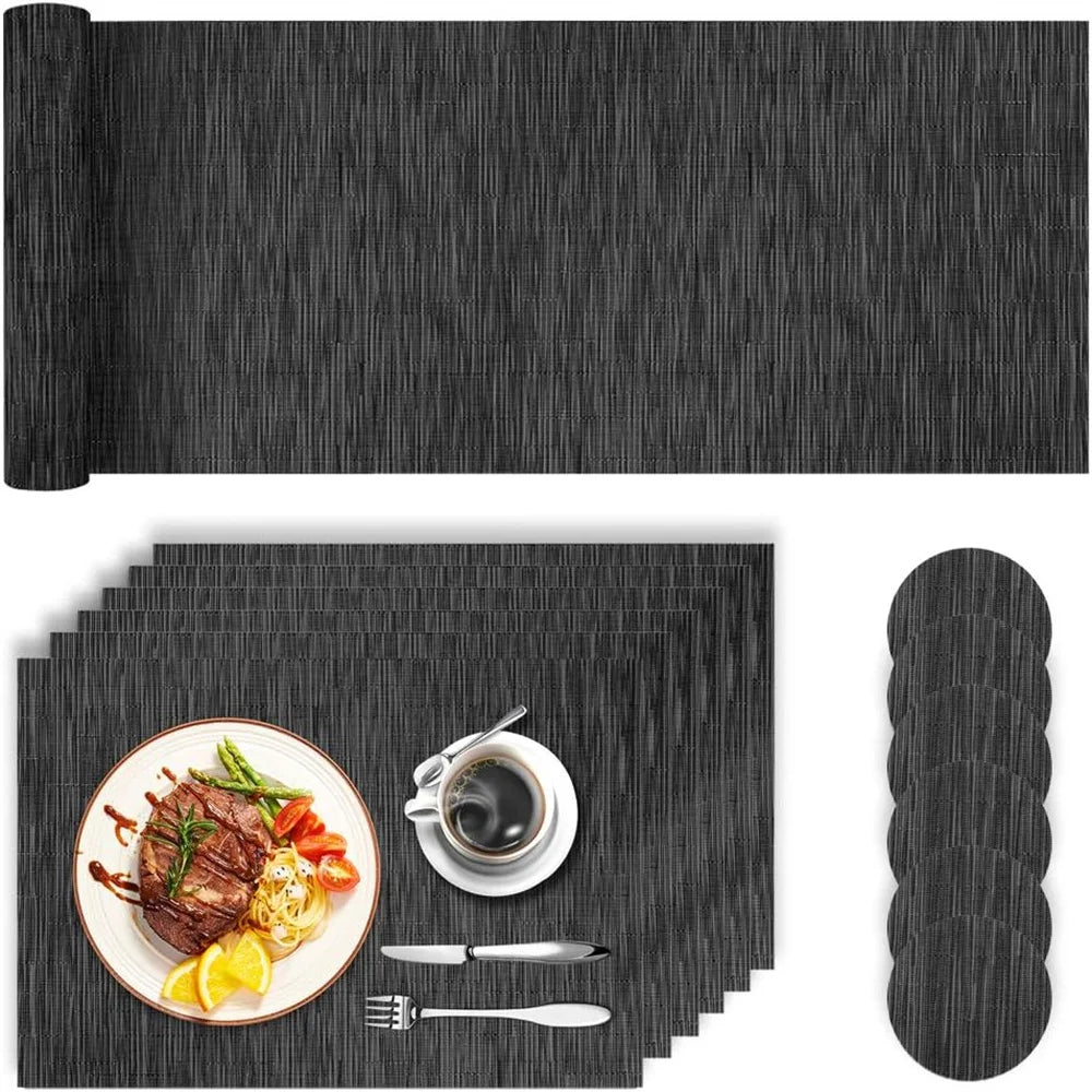 PVC Placemats Set Washable Dining Table Mats Set Tear-proof Heat Resistant 6 x Place Mats 6 x Coasters and 1 x Table Runner Peaceful Pleasures Health and Wellness Black
